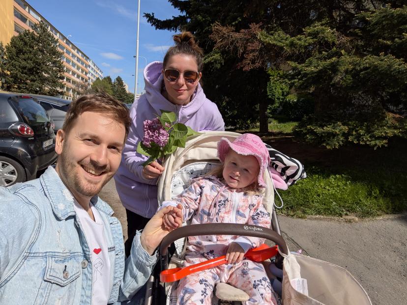 Family walk with flowers